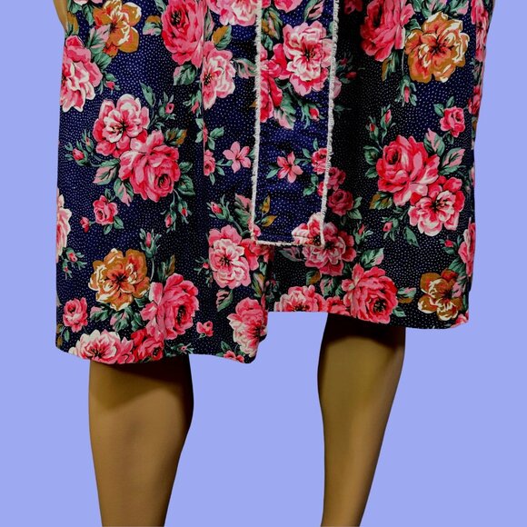 Vintage Diamond Tea Floral Cotton Robe Size L Terry Lined Navy Blue Pink - Picture 5 of 11